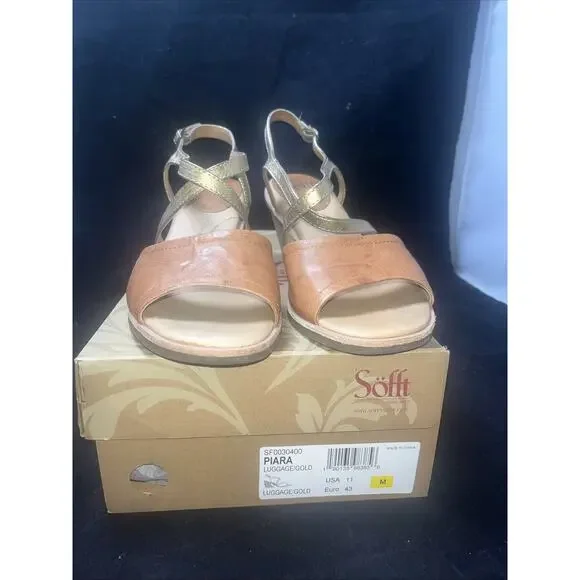 Sofft Shoes Womens 11M Piara Sandals Tan Leather Slingback Strappy Heels Luggage - Picture 2 of 9